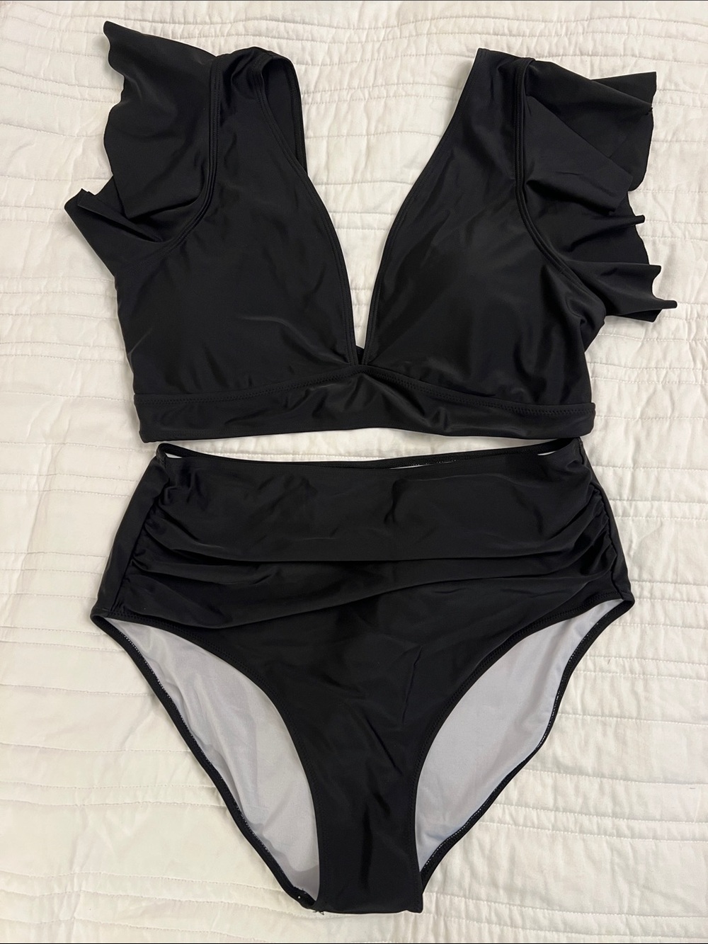 Women’s Black Ruffle V-Neck High-Waist Swim Set